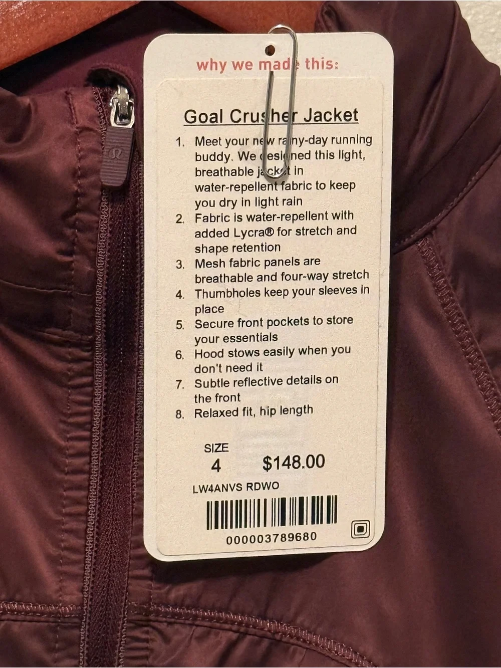 Lululemon Goal Crusher Jacket Redwood Size 4 $148 Retail